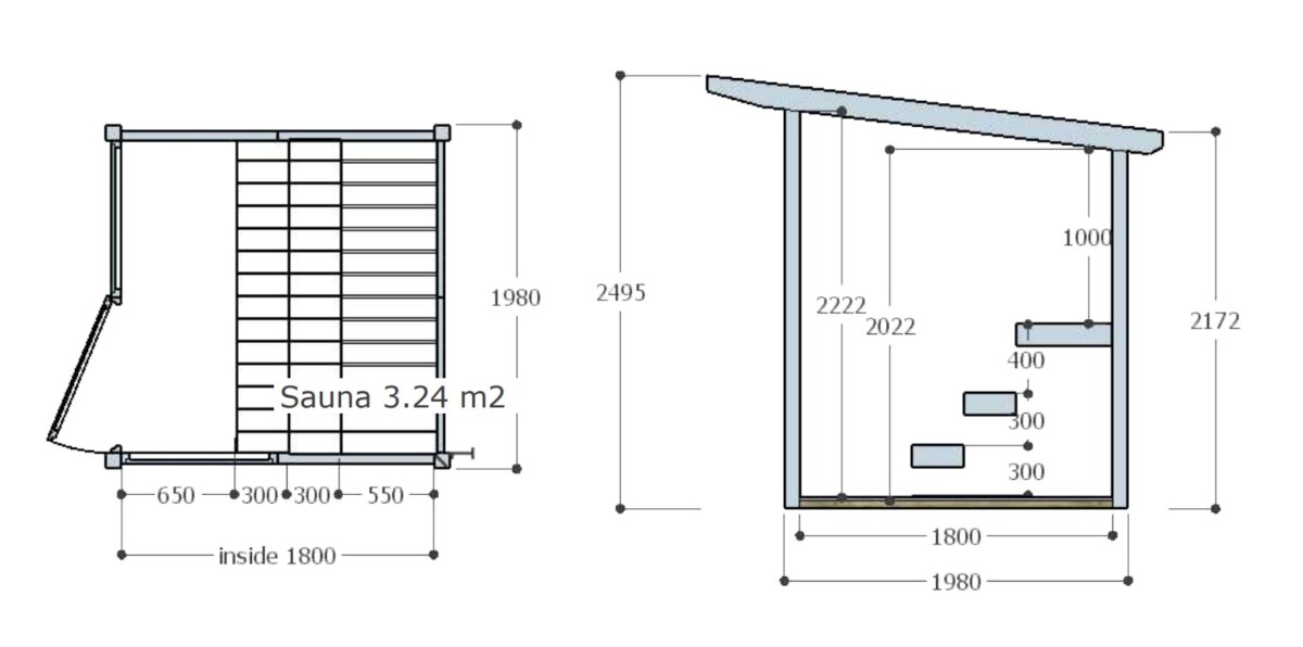 Pequeña sauna de exterior 2x2m